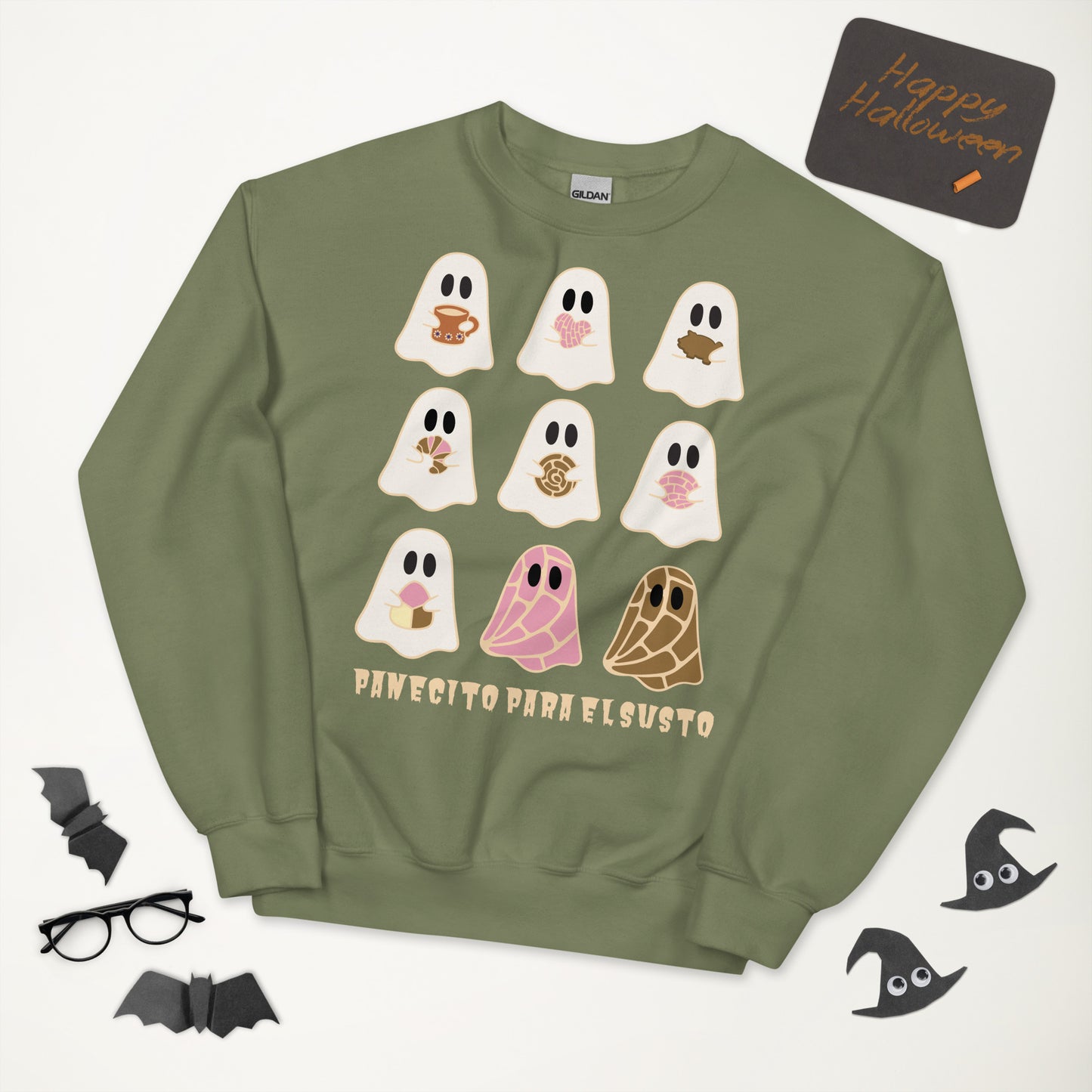 Cozy Halloween Sweatshirt– Cute Ghosts with Pan Dulce and Cafecito for Fall Vibes (Darker Colors) Unisex