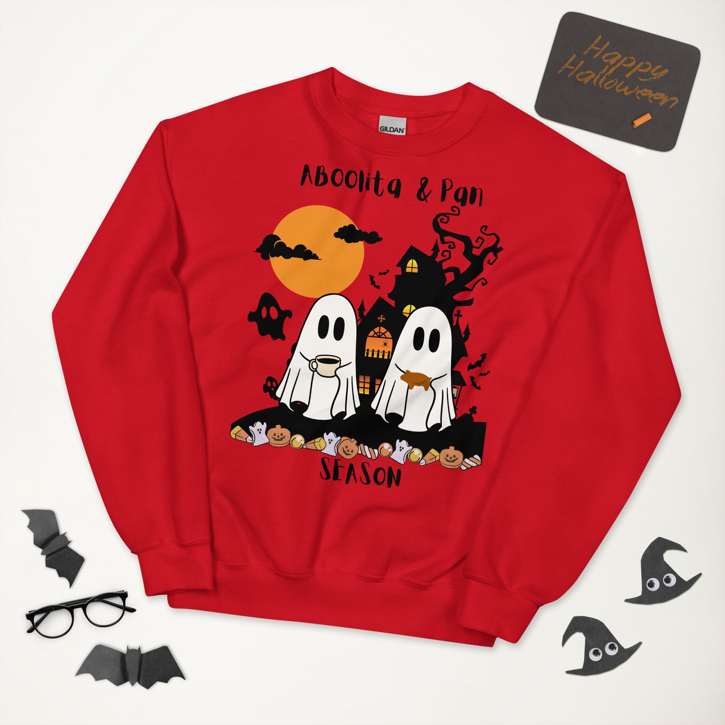 ABoolita & Pan Season Sweatshirt – Ghosts Drinking Abuelita's Hot Chocolate and Eating Pan Dulce at a Haunted House