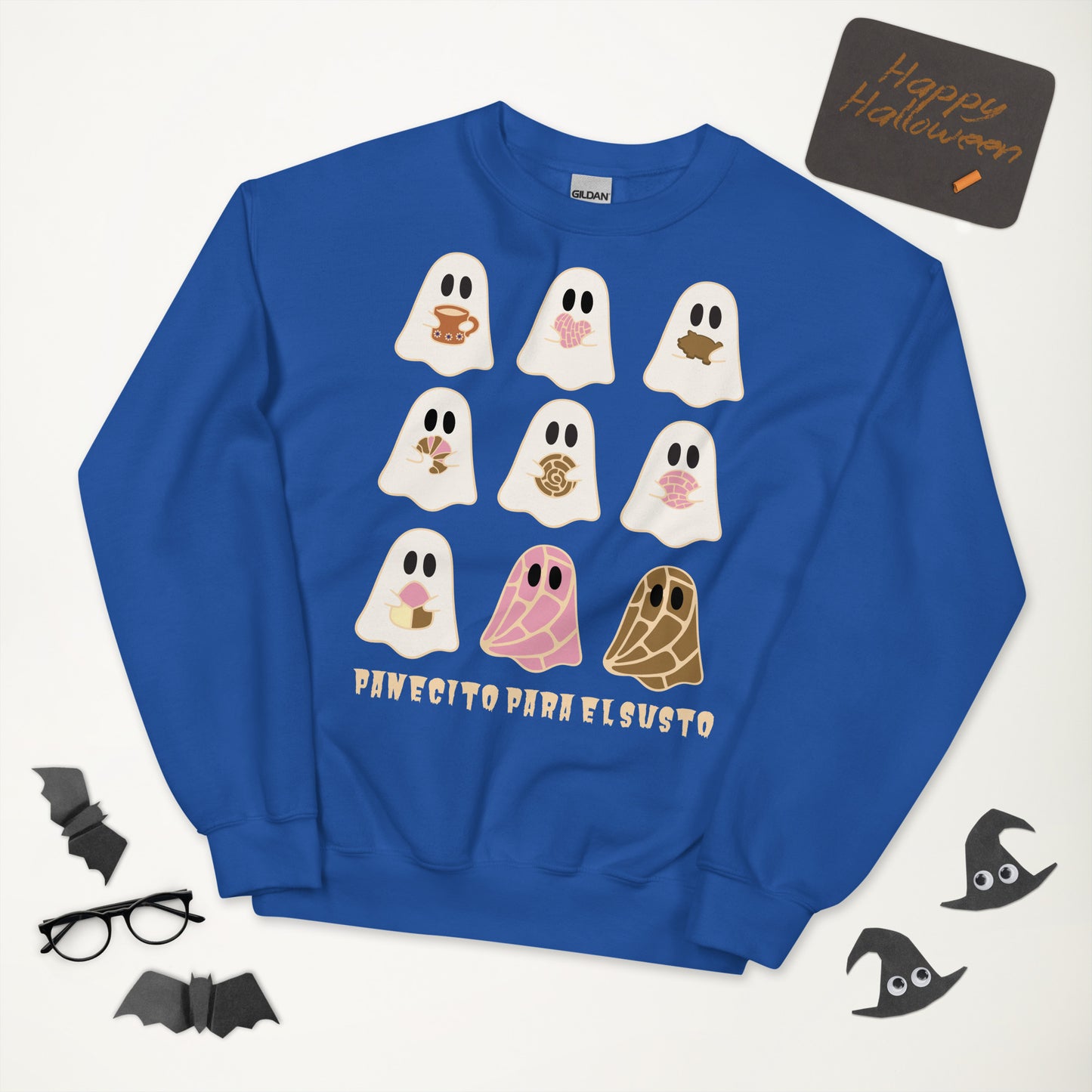 Cozy Halloween Sweatshirt– Cute Ghosts with Pan Dulce and Cafecito for Fall Vibes (Darker Colors) Unisex