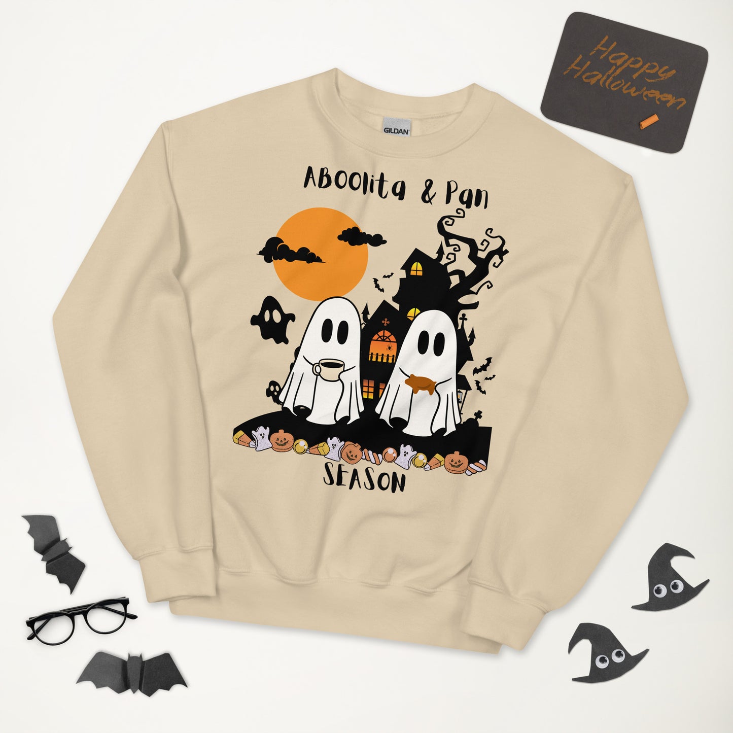 ABoolita & Pan Season Sweatshirt – Ghosts Drinking Abuelita's Hot Chocolate and Eating Pan Dulce at a Haunted House