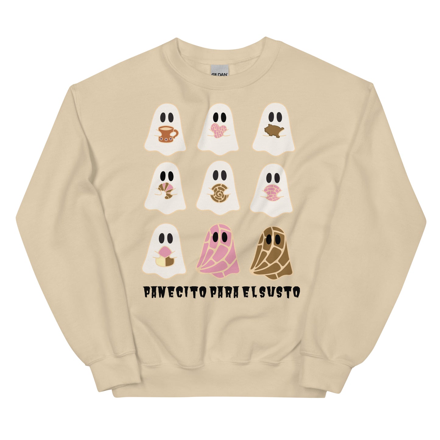 Cozy Halloween Sweatshirt– Cute Ghosts with Pan Dulce and Cafecito for Fall Vibes (Lighter colors)