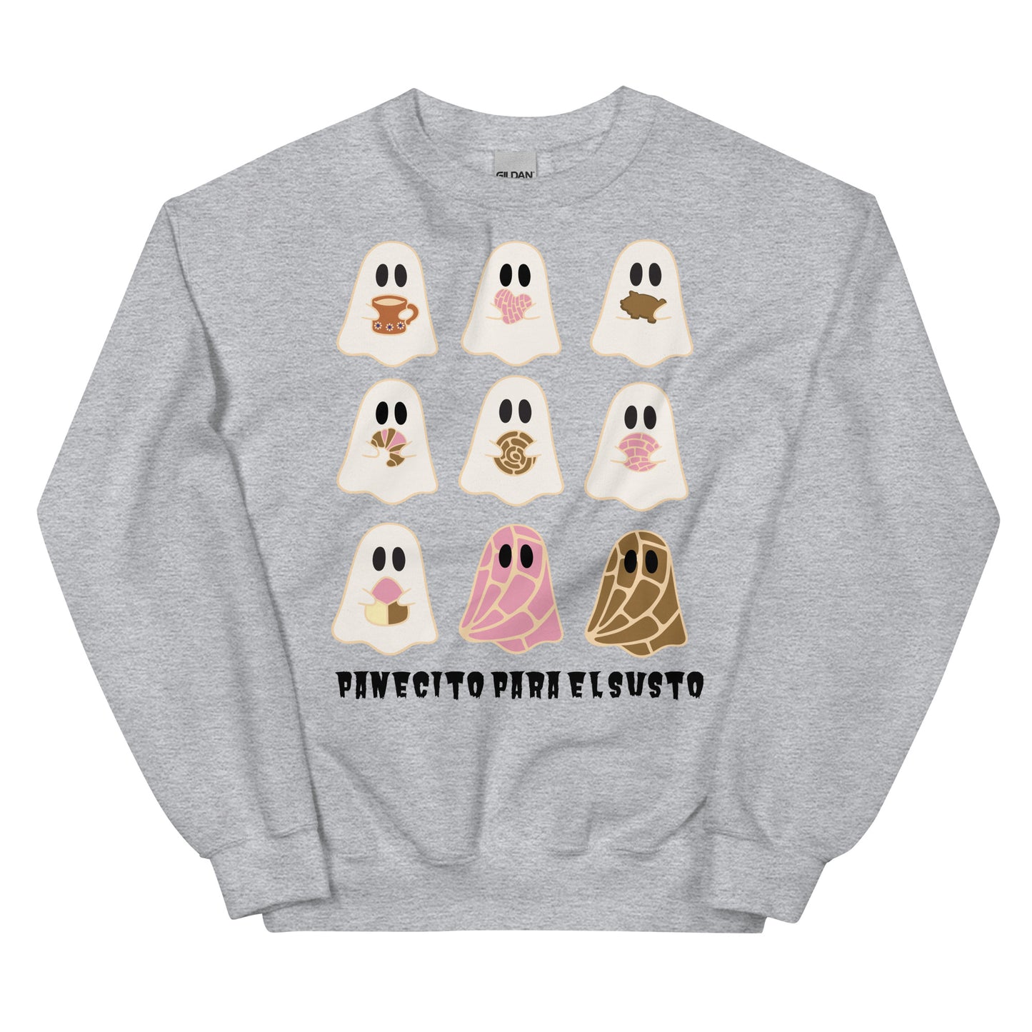 Cozy Halloween Sweatshirt– Cute Ghosts with Pan Dulce and Cafecito for Fall Vibes (Lighter colors)