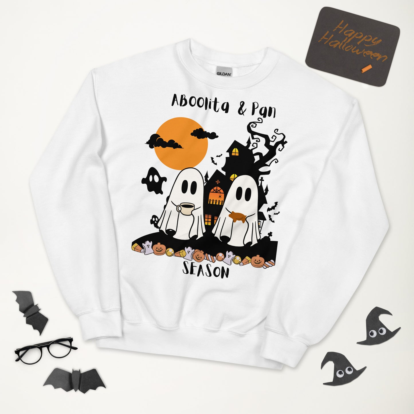 ABoolita & Pan Season Sweatshirt – Ghosts Drinking Abuelita's Hot Chocolate and Eating Pan Dulce at a Haunted House