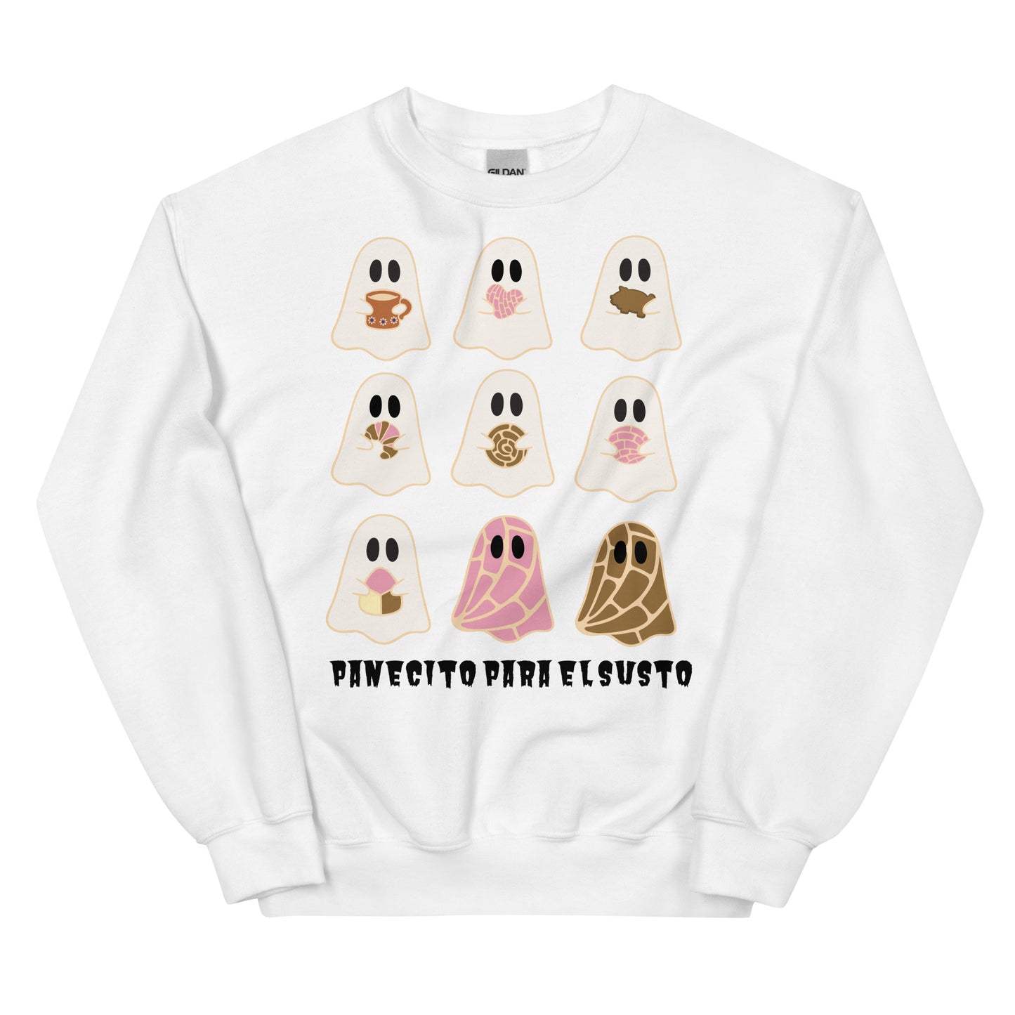 Cozy Halloween Sweatshirt– Cute Ghosts with Pan Dulce and Cafecito for Fall Vibes (Lighter colors)