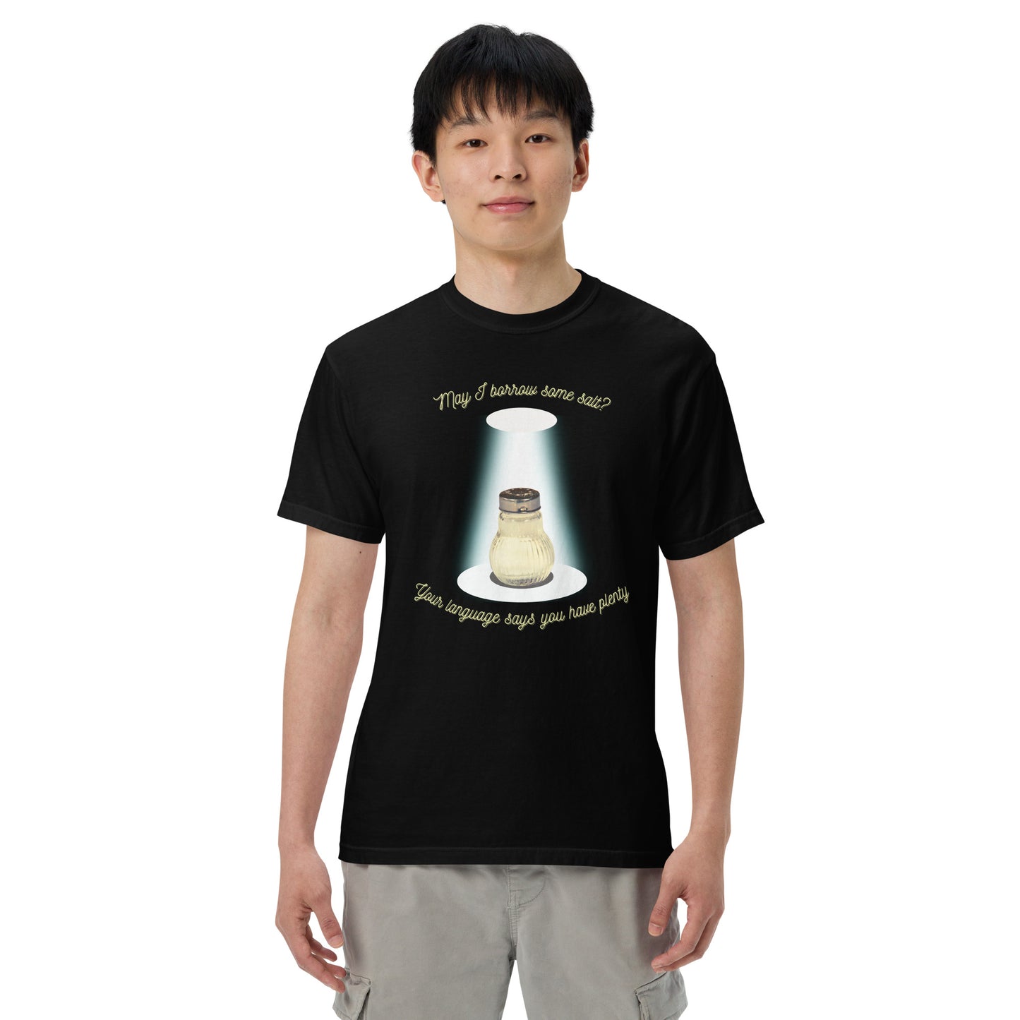 Retro Salt Shaker "May I borrow some salt? Your Language says you have plenty." Unisex garment-dyed heavyweight t-shirt