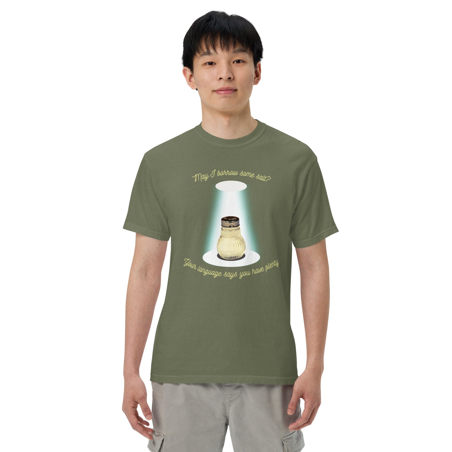 Retro Salt Shaker "May I borrow some salt? Your Language says you have plenty." Unisex garment-dyed heavyweight t-shirt