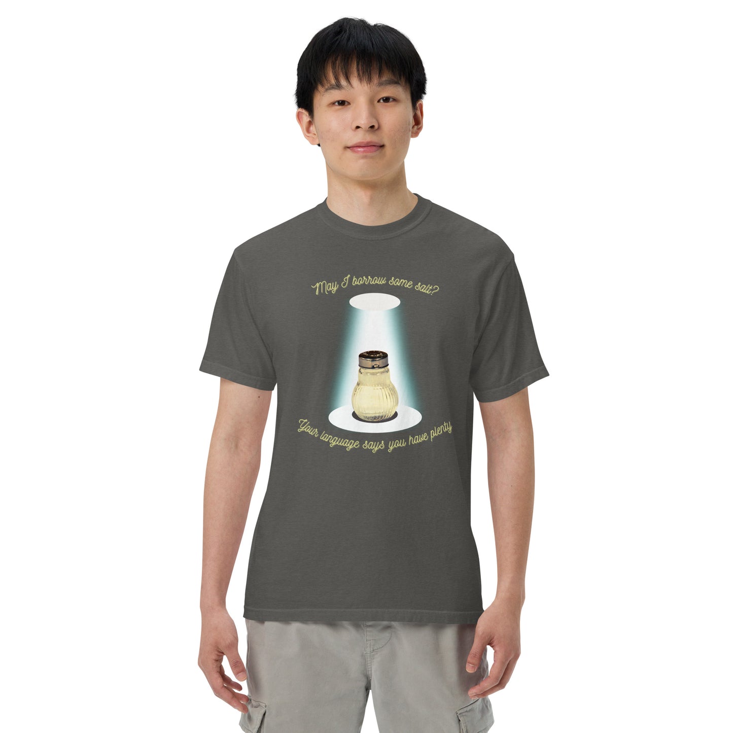 Retro Salt Shaker "May I borrow some salt? Your Language says you have plenty." Unisex garment-dyed heavyweight t-shirt