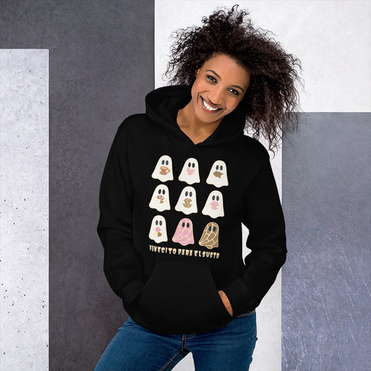 Cozy Halloween Hoodie – Cute Ghosts with Pan Dulce and Cafecito for Fall Vibes