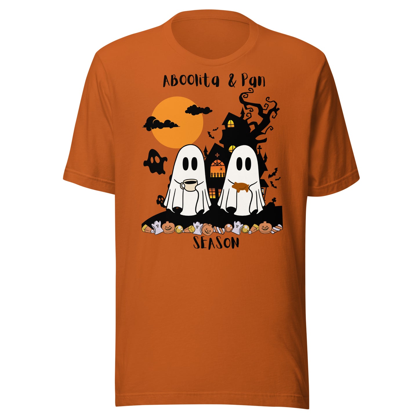 ABoolita & Pan Season T-shirt – Ghosts Drinking Abuelita's Hot Chocolate and Eating Pan Dulce at a Haunted House