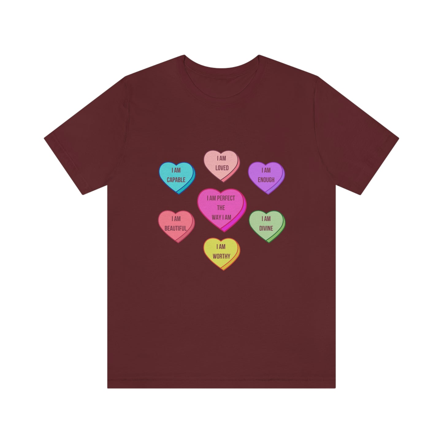 Self-Love Conversation Candy Heart Affirmations, in English,Unisex Jersey Short Sleeve Tee