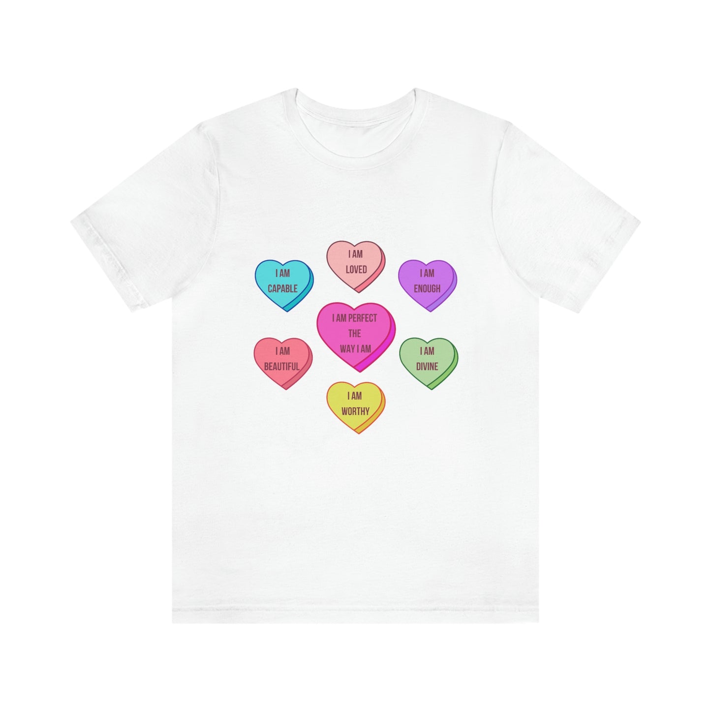 Self-Love Conversation Candy Heart Affirmations, in English,Unisex Jersey Short Sleeve Tee