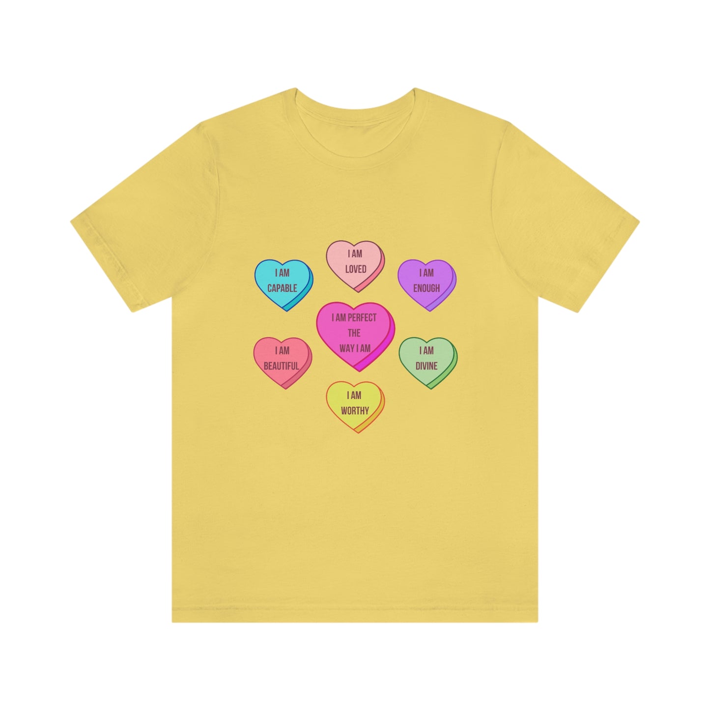 Self-Love Conversation Candy Heart Affirmations, in English,Unisex Jersey Short Sleeve Tee