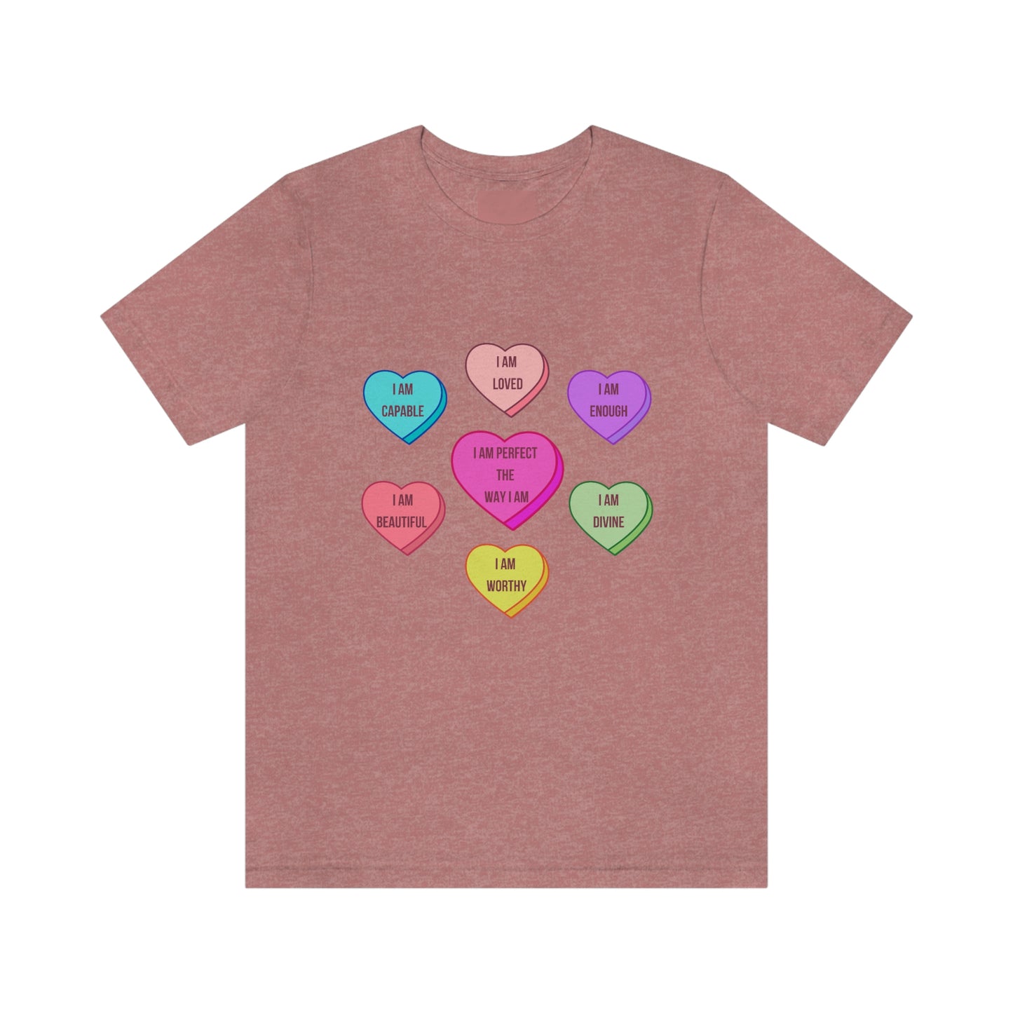 Self-Love Conversation Candy Heart Affirmations, in English,Unisex Jersey Short Sleeve Tee