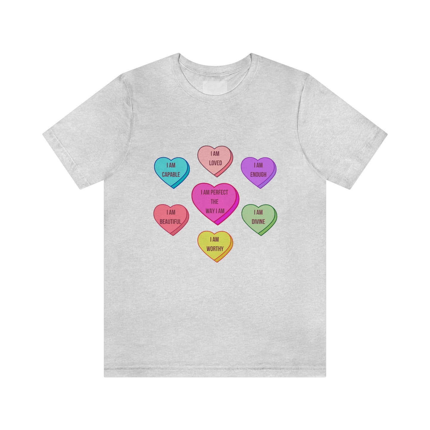 Self-Love Conversation Candy Heart Affirmations, in English,Unisex Jersey Short Sleeve Tee