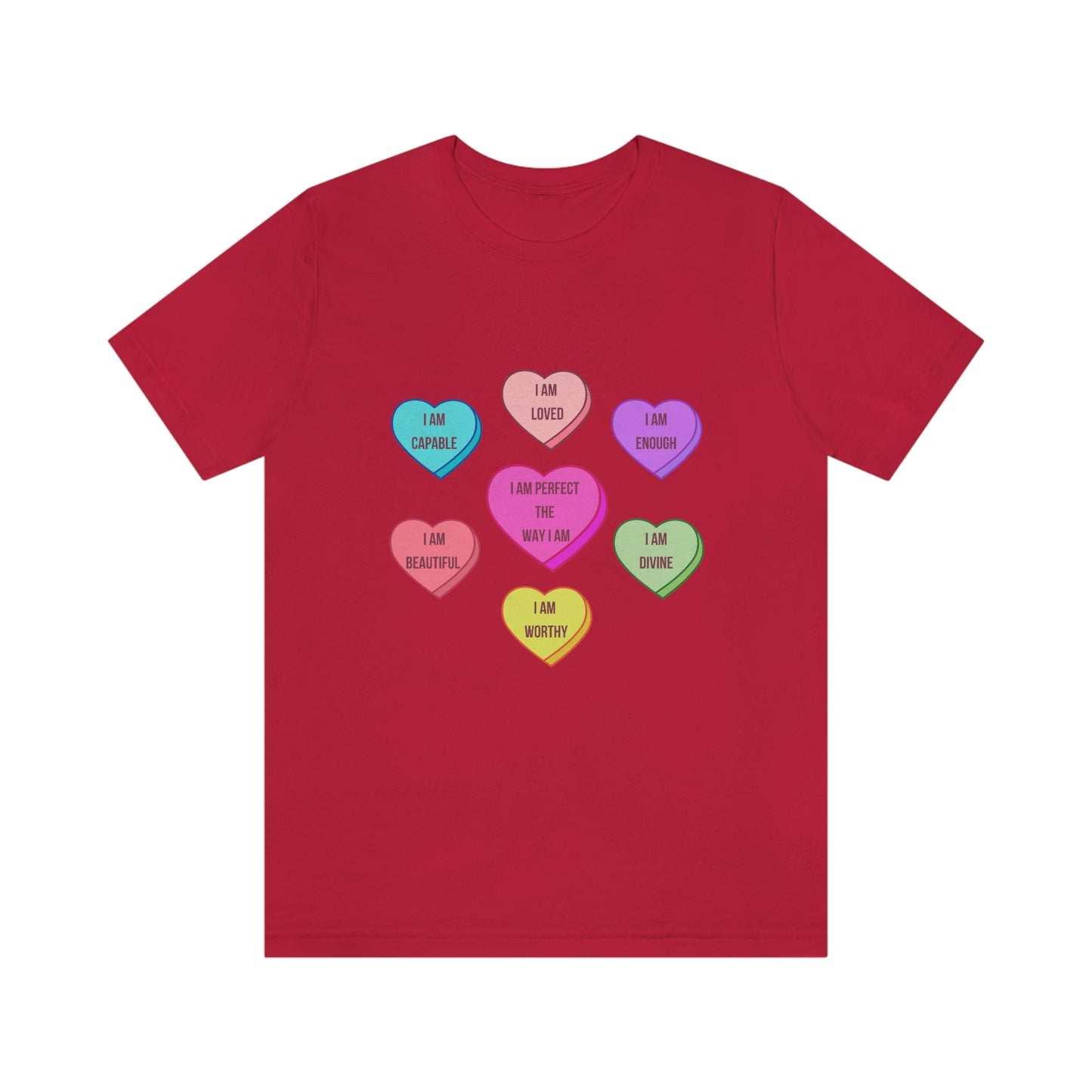 Self-Love Conversation Candy Heart Affirmations, in English,Unisex Jersey Short Sleeve Tee