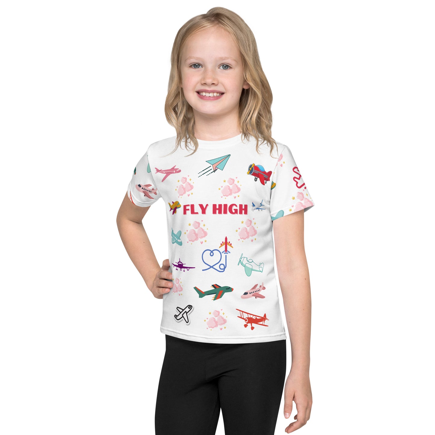 Girls "Fly High" T-Shirt with Airplanes and Pink Clouds, 2T- 6X, Inspire young girls to FLY! Latina Owned, Women Owned Business