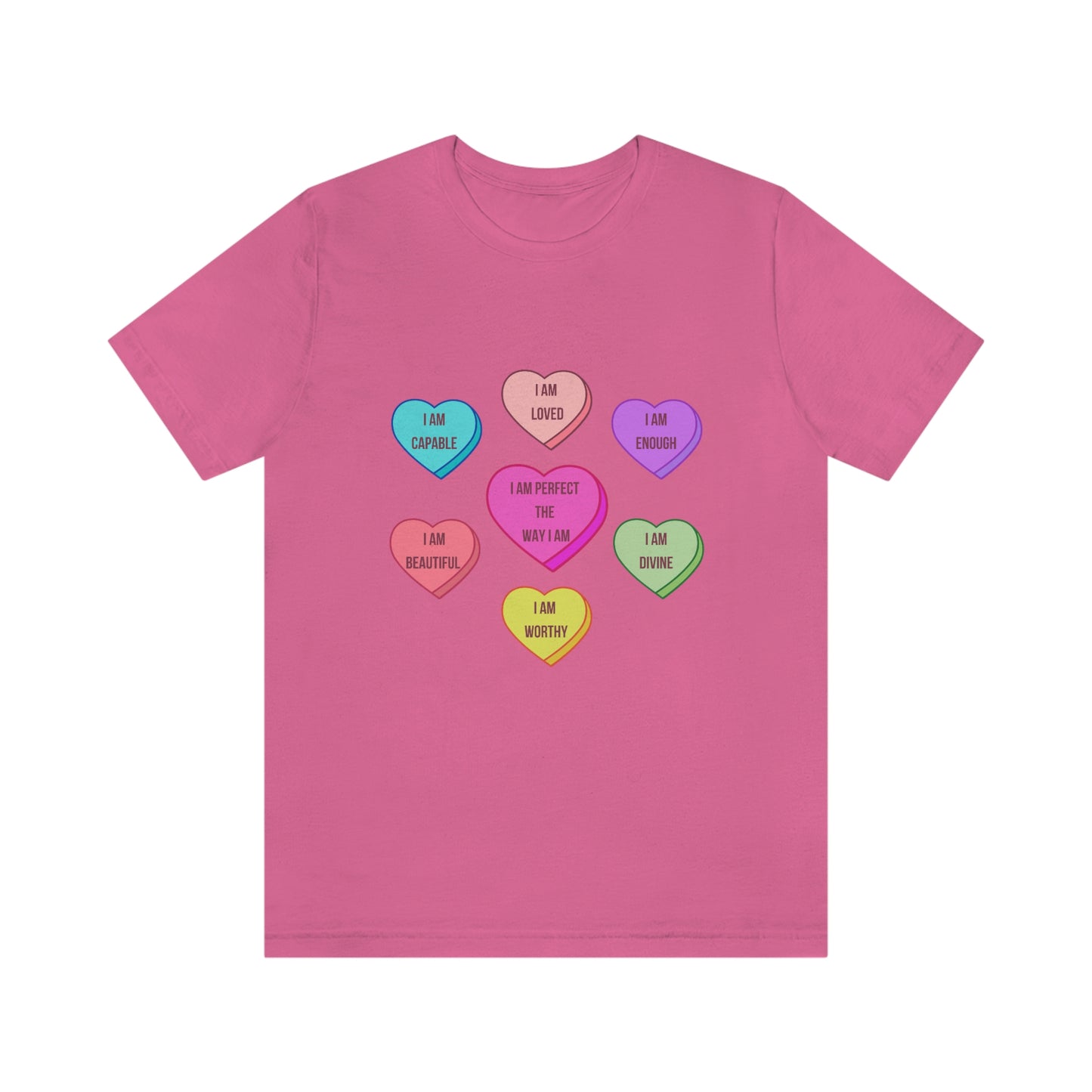 Self-Love Conversation Candy Heart Affirmations, in English,Unisex Jersey Short Sleeve Tee