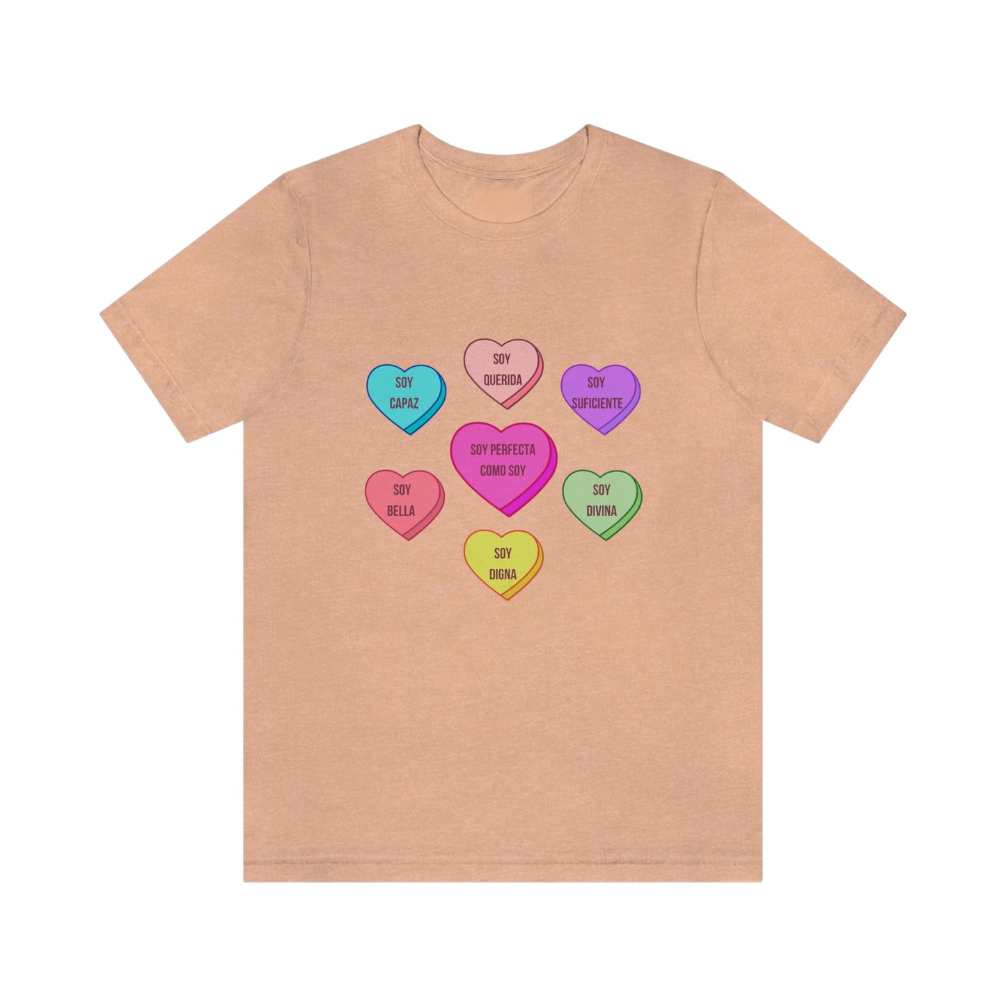 Self-Love Conversation Candy Heart Affirmations, in Spanish, Unisex Jersey Short Sleeve Tee