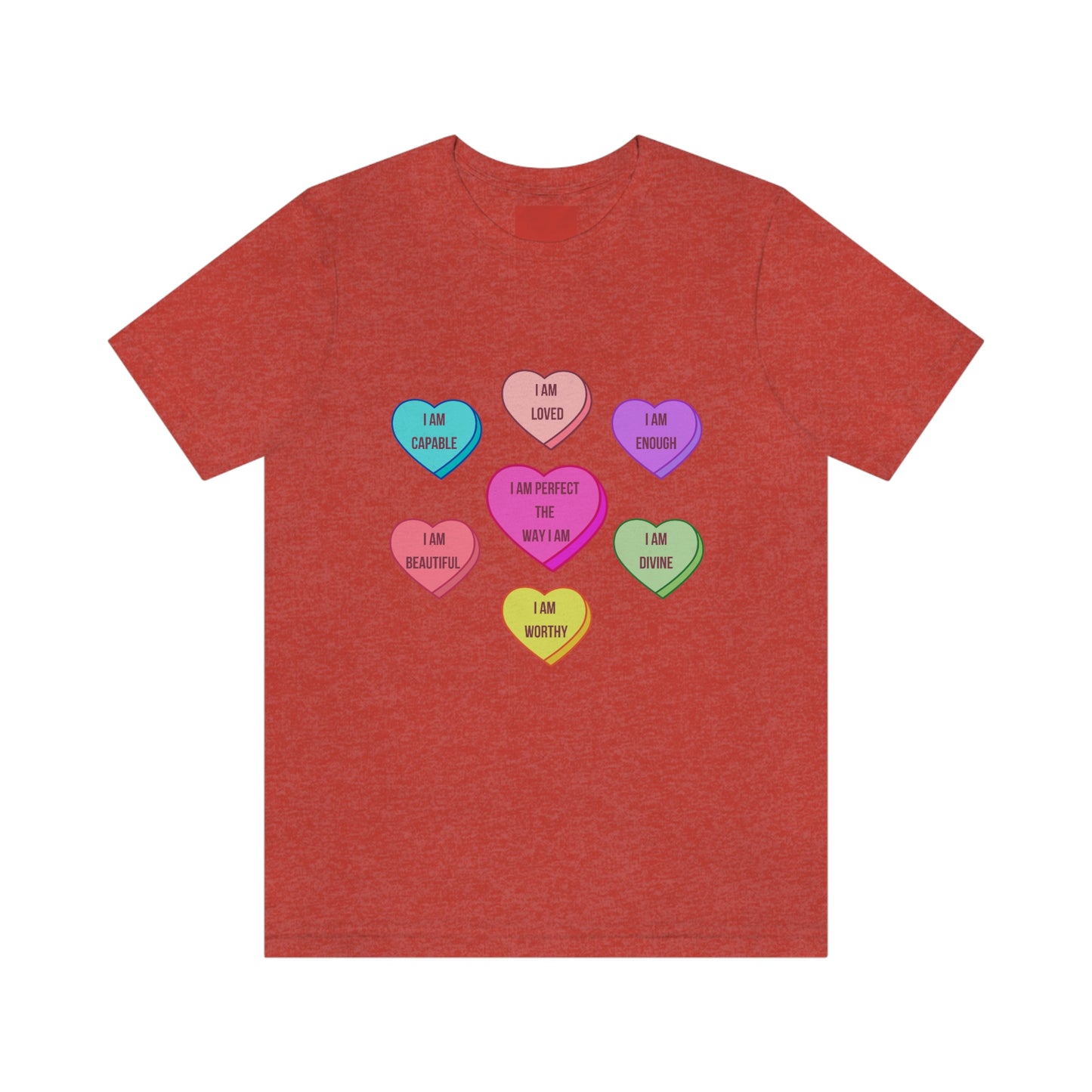 Self-Love Conversation Candy Heart Affirmations, in English,Unisex Jersey Short Sleeve Tee