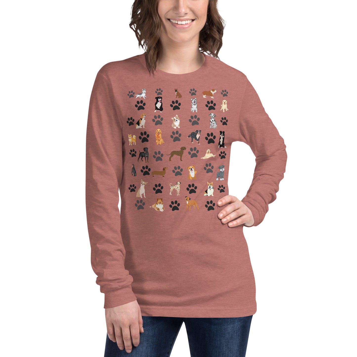 Dog Lover’s Shirt, Unisex Long Sleeve Tee Featuring Rottweiler, chihuahua, plott hound, pitt bull, terrier, golden retriever, husky, corgi, boxer