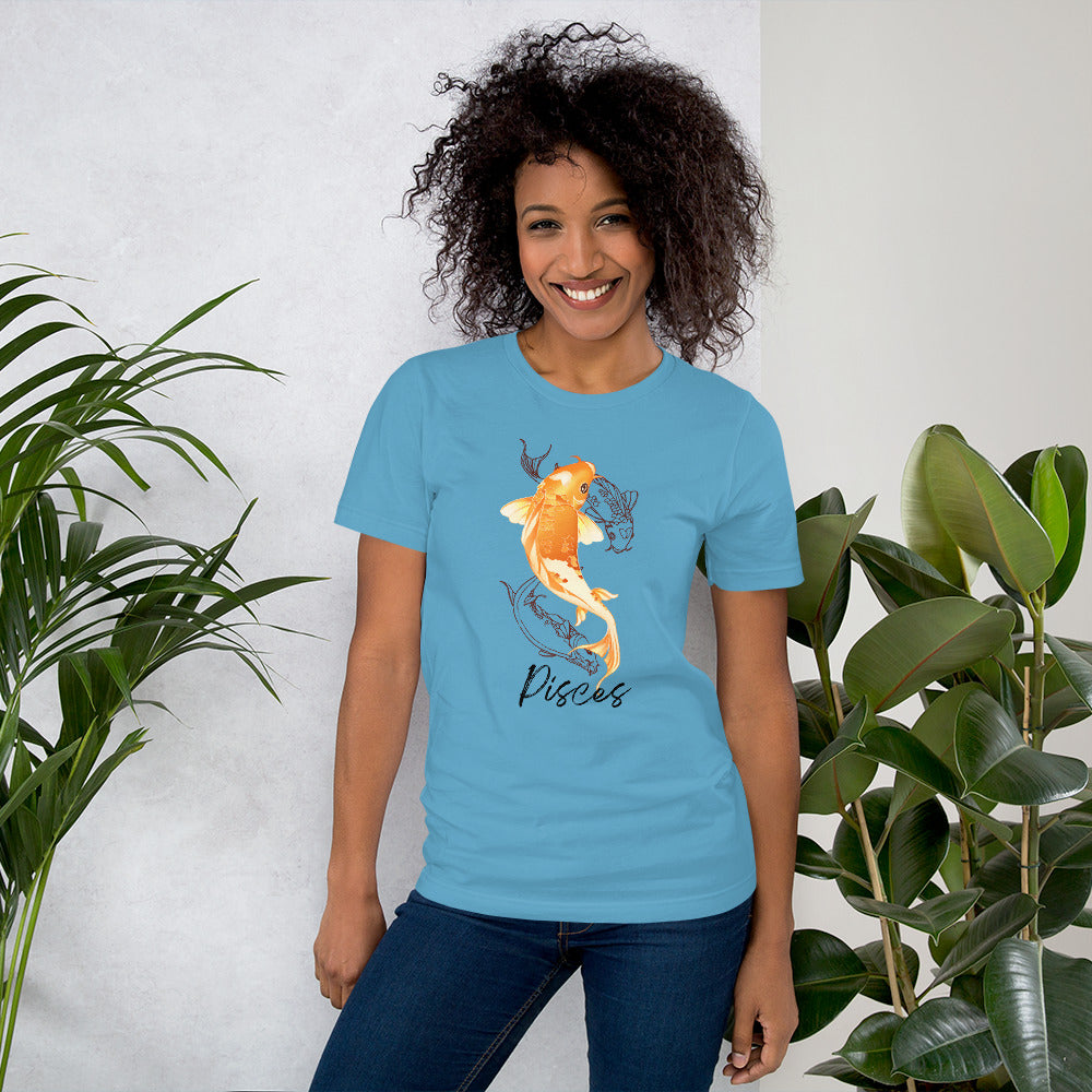 Zodiac Sign Pisces, Beautiful Koi Fish, Short-Sleeve Unisex T-Shirt, Latina Owned business, Women Owned